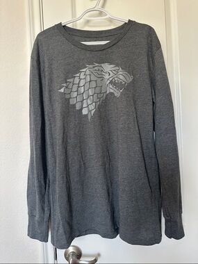 Women’s Game of Thrones House StarK Charcoal Gray Long Sleeve Tee with Direwolf